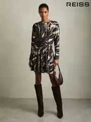 Reiss Black/Blue Jasmine Jersey Printed Tie-Waist Mini Dress (AR3937) | $325