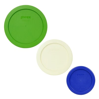 Pyrex 7201-PC Lawn Green, 7200-PC Sour Cream, and 7202-PC Cadet Blue Lid Covers