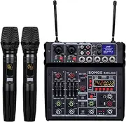 BOMGE 04E Karaoke Audio Mixer, 4 Channel Mixer with Wireless Dual UHF Microphone, Soundboard Console, MP3, Bluetooth, 48V, Phantom Power, USB Audio Interface, DJ Mixing for Party, Computer