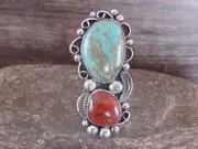 Navajo Sterling Silver Turquoise & Coral Adjustable Ring Size 10 to 12 - Clev...