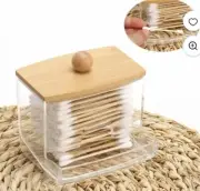 Oasis Home Acrylic Vanity Organizer With Q-Tip Dispenser And Bamboo Lid BNIB
