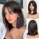 HAIRCUBE Dark Brown Wigs for Woemn Straight Wig with Curtain Bangs Shoulder L...
