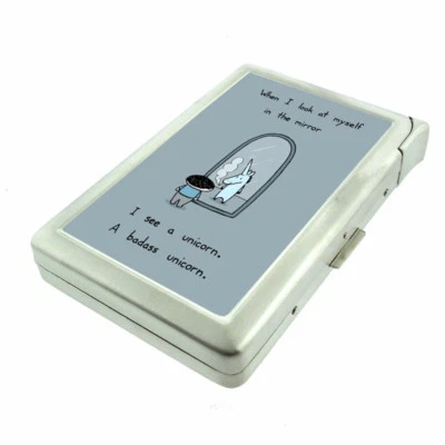 Unicorn Mirror Em1 100's Size Cigarette Case with Built in Lighter Metal Wallet