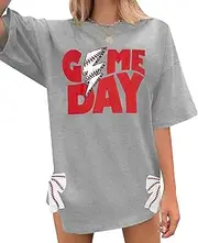 [LUKYCILD] Baseball Shirt Baseball Mom Shirts: Women Baseball Bow Side Split T-Shirt Baseball Season Game Day Short Sleeve Top