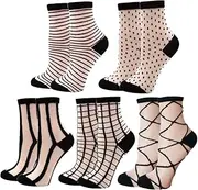 [VOXMDY] 5 Pairs Women Transparent Sheer Mesh Socks See Through Thin Lace Breathable Socks Flower Patterned Silk Stockings