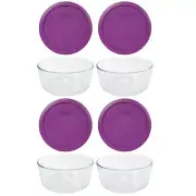 Pyrex (4) 7203 7-Cup Glass Bowls & (4) 7402-PC Thistle Purple Lids