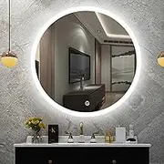 Dimmable Lighted Round Mirror, Illuminated Bathroom Mirror, Makeup Vanity Mirror Wall Mounted, Three-Color Light 3000k-6000k (Color : Round Wall Mirror, Size : 50cm/20in)