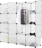 [LANGRIA] Interlocking Plastic Wardrobe Cabinet 16-Cube Storage and Organizer with Translucent Curly Patterned Doors for Personal Items, Clothes, Shoes, Toys and Books, 147 x 37 x 147cm, White