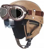 Vintage Motorcycle Half Helmet Leather Half Helmet Motorcycle Helmet with Personalized Goggles Removable Earmuffs Unisex DOT/ECE Approved Scooter Helmet