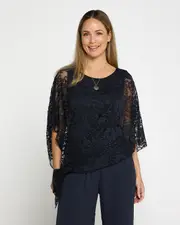 Eliza Lace Overlay Top - Charcoal