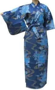 Women's Yukata Robe Japanese Summer Kimono - Flowing Peony Blue