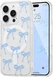 UEEBAI Magnetic for iPhone 13 Pro Case, Bow Case Compatible with MagSafe, Wireless Slim Clear Ribbon Aesthetic Phone Case Anti-Yellowing Shockproof Protective Cover for Women Girl - Baby Blue