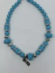 Vintage Lucite Turquoise Silver Beaded Necklace Hong Kong New With Tag 18”