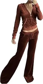 [Olivcker] Women Sweatshirt Velour 2 Piece Outfit Tracksuits Long Sleeve Zipper Hooded Jacket Wide Leg Pants Casual Y2K Suit A1-coffee~lightning Deals of Today, L, A1-coffee~lightning Deals of Today