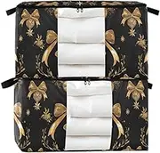Amooorous Black and Gold Romantic Valentine Flower Bow 60/95 L zippered under bed shoe storage with Reinforced Handles, clear window container with lid for Clothing, Blanket, Bed Sheets, Pillows