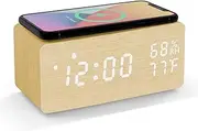 Lancoon Wooden Digital Alarm Clock with Sound Control LED Wireless Charging Temperature and Humidity Display Adjustable Brightness for Bedroom Home Office (Yellow)