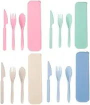 FUNNTY Travel Cutlery Set, 4 Pack Camping Cutlery Set, Reusable Wheat Straw Cutlery Knife, Fork and Spoon Set, Portable Cutlery Set for Lunch Box School Office Picnic Travel or Daily Use