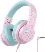 HS19S Kids Headphones for School, Volume Limiter 85dBA, Stereo Sound, 3.5mm Jack,Over-Ear Headphones for Kids, Foldable Adjustable Kids Wired Headphones for iPad/Travel/Tablet (Pink Star)