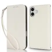 Stand Case Compatible For iPhone 16 Plus Litchi Texture Leather Flip Phone Cover with Strap / Wallet White