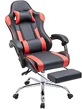 DUMOS Ergonomic Gaming Desk Chair - PU Leather Recliner with Footrest, Lumbar Support, Headrest, Fixed Armrests, Height Adjustable, 360° Swivel, Red, for Adults