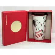 Starbucks Groovy Girl Blowing Bubbles Ceramic Travel Tumbler Mug 12 oz