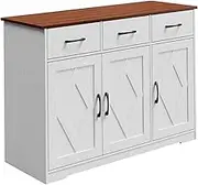 SUERYA Modern Farmhouse Sideboard Buffet Cabinet with Barn Doors, Drawers & Shelves – White Wood Storage for Kitchen, Dining & Living Room