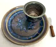 Vintage Signed Pottery Chip & Dip Blue Drip Glaze Serving Platter & Dish
