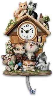 Bradford Frolicking Felines Fully Sculpted HandPainted Cat-Themed Cuckoo Clock