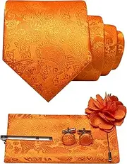 [JEMYGINS] Men's Paisley Tie with Pocket Square Tie Clip Flower Brooch and Cufflinks Set