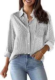 [Aoudery] Womens Button Down Shirts Cotton Striped Dress Shirts Long Sleeve Button Up Collared Office Work Blouses Tops