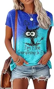 [Heloto] Womens It's Fine I'm Fine Everything is Fine Funny Cat Casual Tie Dye Funny Black Cat T-Shirt for Women