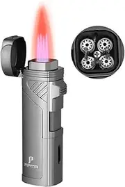 PIPITA Torch Lighter Windproof Refillable Firelighters Torch Jet Lighters Red Four Flame Butane Gas Lighter with Punch (Lighter)