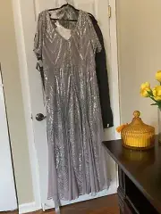 R&M Richards Women's Plus Size Short Sleeve Long Sequin Gown Silver-pewter 20W