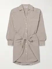 [Veronica Beard] Veronica Beard - Roanoke Tie-front Striped Cotton-blend Poplin Mini Shirt Dress - Multi - US0 US 0 Multi