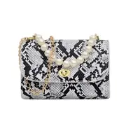 Fashion Ladies Pearls Decor Snake Print Bags for Women Shoulder Messenger Handbags Casual PU Leather Chain Crossbody Bags