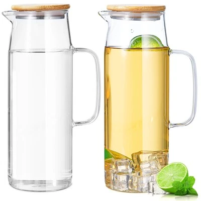 2 Pack Glass Pitchers with Lid and Handle, 50oz Clear Water Pitcher Glass Car...