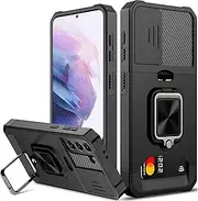 [rojarou] S21 Plus Case with Card Holder, Slide Camera Cover, 360 Rotate Ring Kickstand - Heavy Duty Protective Phone Case for Samsung Galaxy S21 Plus 5G - Black