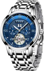 LIGE Watches Mens Fashion Automatic Mechanical Watch Men Waterproof Business Wrist Watch for Men, Blue Silver, bracelet