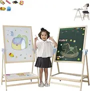 Maxzola inc. Kids Art Easel, 28-39in Adjustable Wooden Magnetic Dry Erase Board, Chalkboard 360°Rotating Dual-Sided Drawing Standing Painting Set