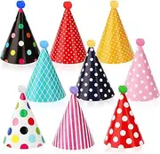 HEYTIMI 36 PCS Birthday Party Cone Hats 8/9 Colors Party Hatwith Pom-pom and Elastic Cord for Baby Shower Anniversaries