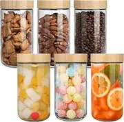 6 pack Glass Jars with Airtight Lids, Overnight Oats Containers with Bamboo Lids, Wide mouth Mason Salad jars, Glass Food Storage Containers for Snacks Yogurt Sugar Flour Cookie Cereal (700ml)