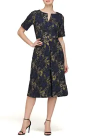 JS Collections Florence Jacquard Cocktail Dress in Deep Navy /Gold at Nordstrom, Size 10 Deep Navy/Gold