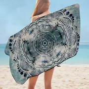 Black Royal Mandala on Dark Blue Rock Microfiber Beach Towel