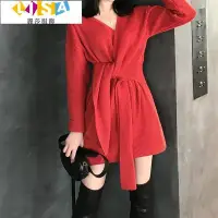 在飛比找Yahoo!奇摩拍賣優惠-秋冬紅色洋裝 紅針織洋裝 韓國長洋裝 連身長洋裝 年收腰設計