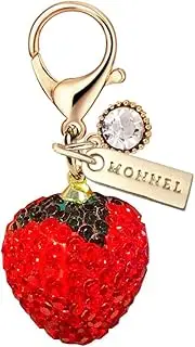 [Monnel] MC503 Little Crystal 3D Strawberry Lobster Clasp Charm for Women with Velvet Bag (Red,1 Piece), 2.1 cm (L) X 2.1 cm (W) X 2.7 cm (H), Zinc Alloy Metal Rhinestone Crystal Enamel Handmade Painted