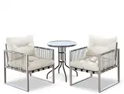 ALFORDSON Outdoor Patio Bistro Set with UV-Resistant PE Wicker, Conversation Set with 2X Armchairs and R60x70cm Coffee Table, Lounge Chair & Side Table with Water-Resistant Cushions, Grey Beige
