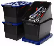 32 Quart Stackable Plastic Storage Bins with Blue Lids, 4 Pack Black Containe...