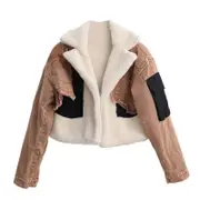 Nevenka Womens Denim Jackets Patchwork Turn Down Collar Plush Coat-Brown