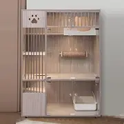 Large Cat Cage, Wooden Cat Enclosures, Cat Playpen, Tempered Glass, with Steel Pipe Guardrail, with Springboard, Universal Wheel, Pet Playpen, for 1-3 Cat, Gray(23.6x23.6x47.2in)