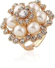 [Generic] Boho Flower Crystal Pearl Gold Ring Vintage Floral Rhinestone Statement Ring Adjustable Wedding Cocktail Costume Accessories for Women, adjustable